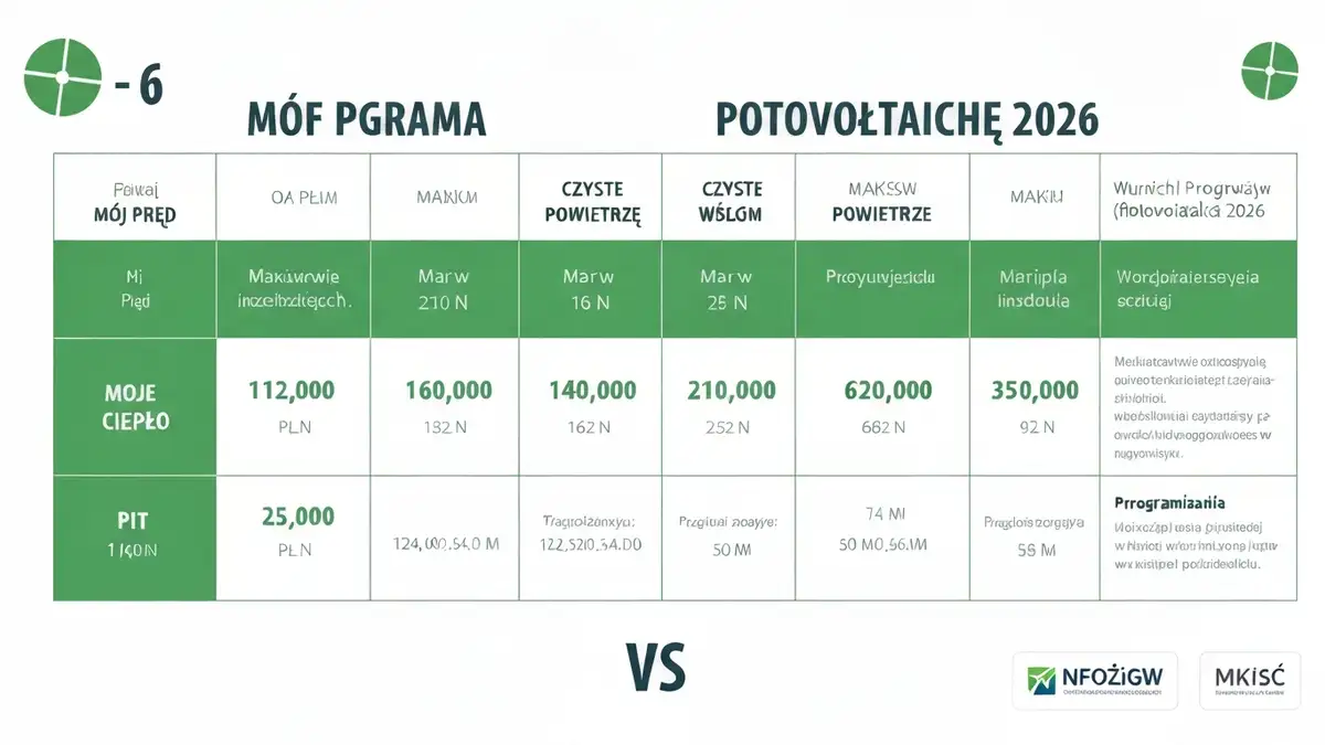 Porównanie pięciu głównych programów dotacji na fotowoltaikę w Polsce 2026 – tabela z kwotami, limitami dochodów i warunkami