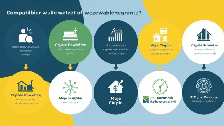 Schemat łączenia dotacji OZE: Mój Prąd, Czyste Powietrze, Moje Ciepło i ulga PIT w jednym diagram