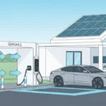 Ładowarka dwukierunkowa V2G Wallbox Quasar 2 podłączona do samochodu elektrycznego Tesla, schematyczne przedstawienie przepływu energii