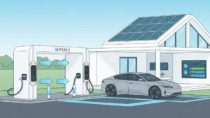 Ładowarka dwukierunkowa V2G Wallbox Quasar 2 podłączona do samochodu elektrycznego Tesla, schematyczne przedstawienie przepływu energii
