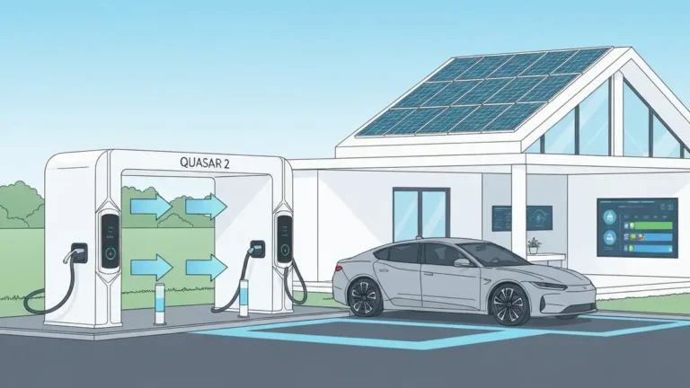 Ładowarka dwukierunkowa V2G Wallbox Quasar 2 podłączona do samochodu elektrycznego Tesla, schematyczne przedstawienie przepływu energii