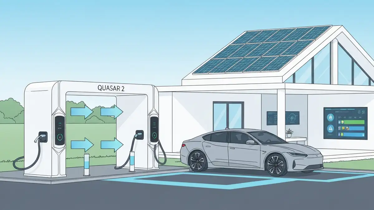 Ładowarka dwukierunkowa V2G Wallbox Quasar 2 podłączona do samochodu elektrycznego Tesla, schematyczne przedstawienie przepływu energii