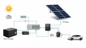 Schemat systemu solar charging z panelami PV, inwerterem hybrydowym, magazynem energii i ładowarką samochodową