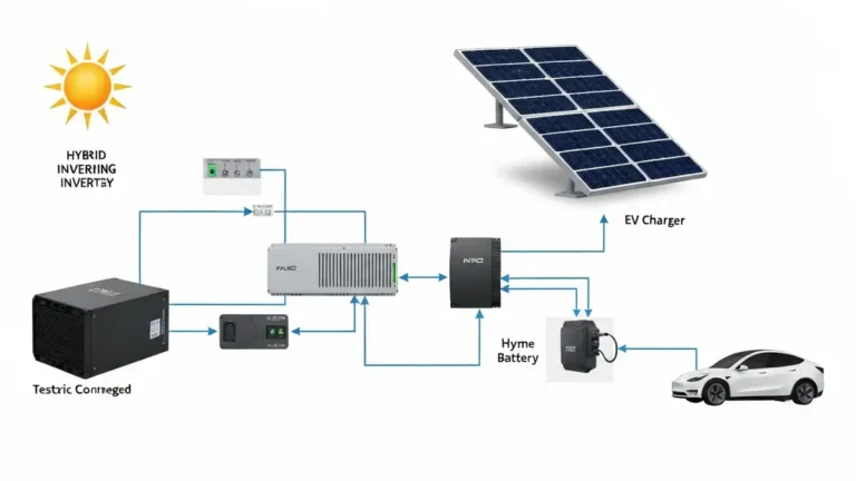 Schemat systemu solar charging z panelami PV, inwerterem hybrydowym, magazynem energii i ładowarką samochodową