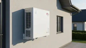 LG Therma V R290 Monobloc – biała pompa ciepła powietrze-woda z R290 zamontowana na ścianie zewnętrznej domu jednorodzinnego