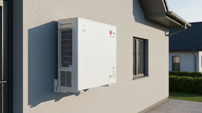 LG Therma V R290 Monobloc – biała pompa ciepła powietrze-woda z R290 zamontowana na ścianie zewnętrznej domu jednorodzinnego