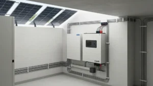 Magazyn energii 5 kWh zainstalowany w piwnicy domu, wśród paneli fotowoltaicznych na dachu
