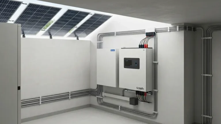 Magazyn energii 5 kWh zainstalowany w piwnicy domu, wśród paneli fotowoltaicznych na dachu