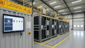 Przemyslowy magazyn energii BESS w hali produkcyjnej firmy z widocznym systemem zarzadzania energia