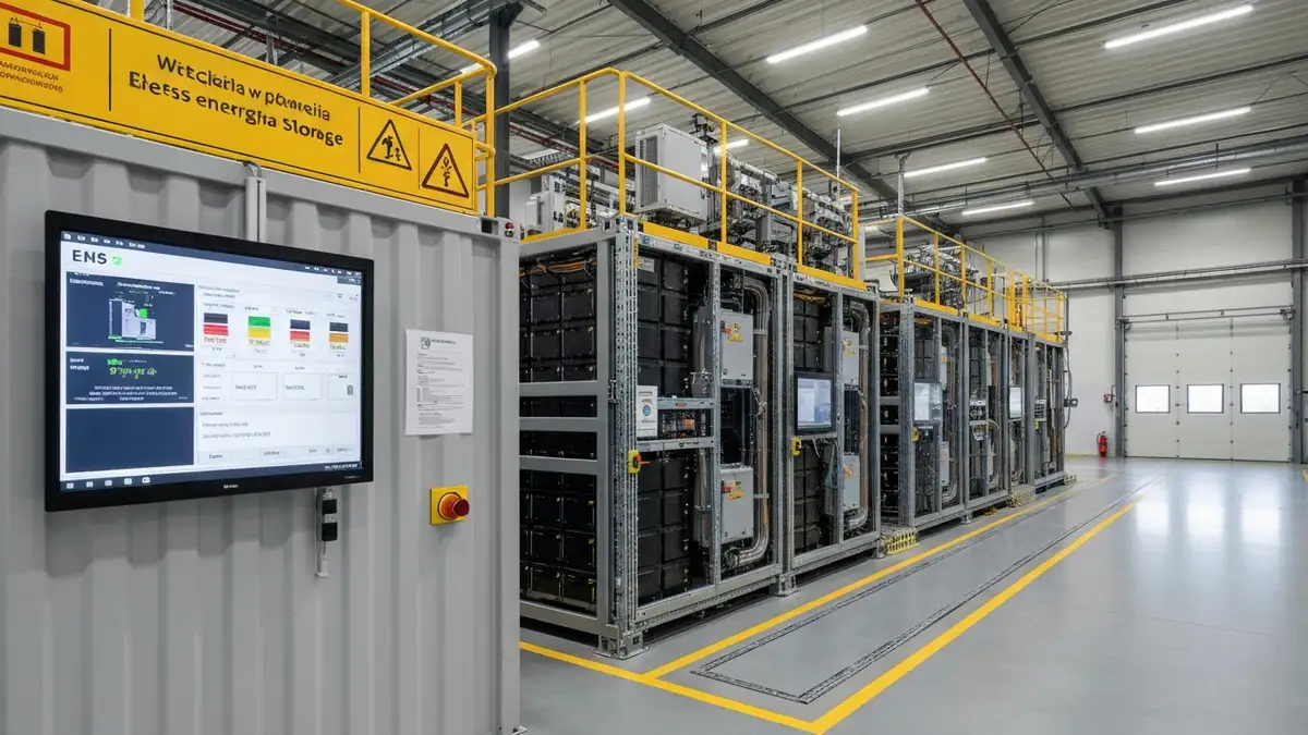 Przemyslowy magazyn energii BESS w hali produkcyjnej firmy z widocznym systemem zarzadzania energia