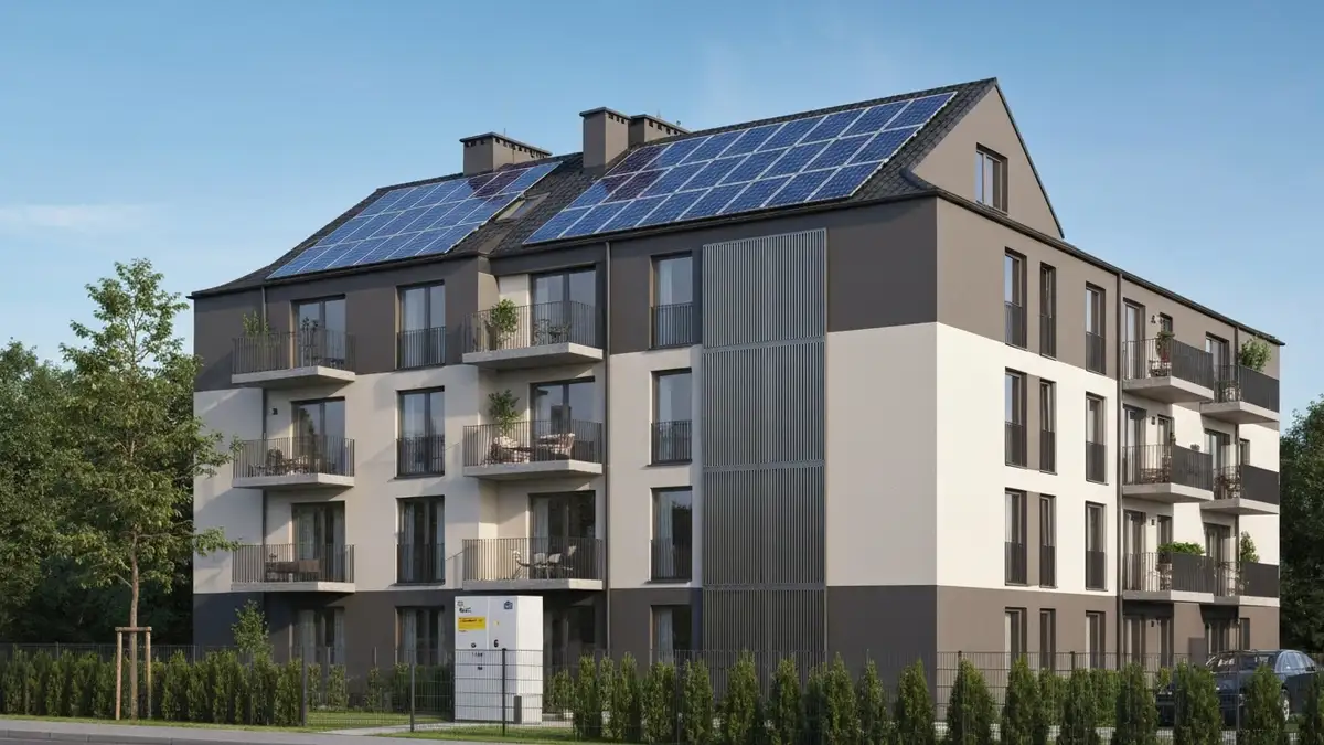 Magazyn energii i panele fotowoltaiczne na dachu budynku wielorodzinnego