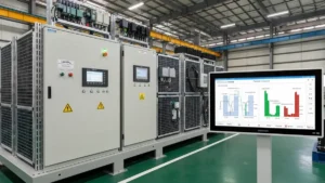 Magazyn energii LiFePO4 zainstalowany w zakładzie produkcyjnym, widok paneli sterowania i modułów akumulatorów