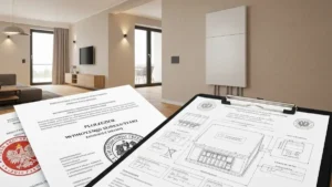 Magazyn energii Tesla Powerwall zainstalowany na ścianie w domu jednorodzinnym, obok pokazane dokumenty i pieczęć urzędu pozwolenia budowlanego