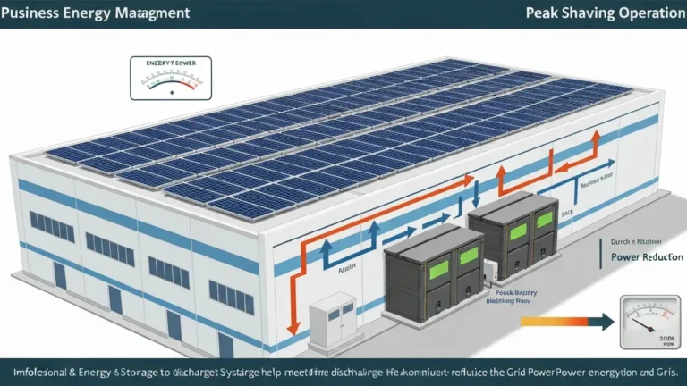 Schemat magazynu energii w firmie z panelami fotowoltaiki podczas peak shavingu – redukcja szczytu poboru mocy