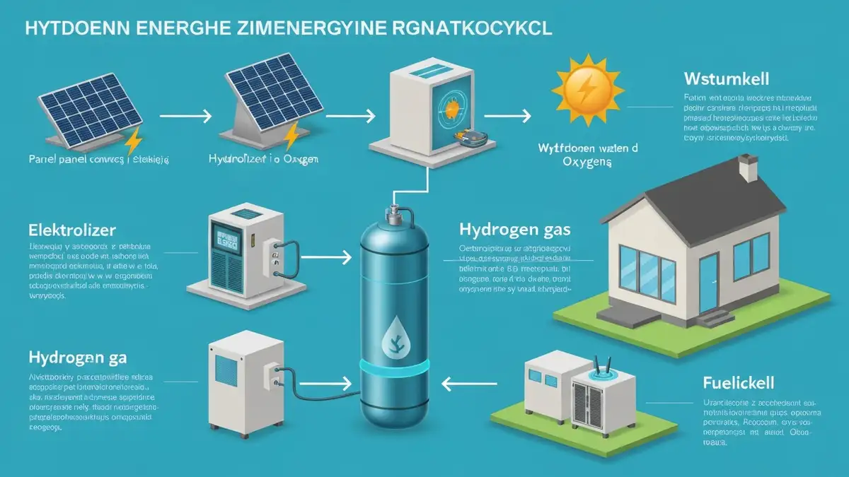 Schemat cyklu magazynowania energii w wodorze: panele fotowoltaiczne, elektrolizer, zbiornik wodoru wysokociśnieniowego, ogniwo paliwowe