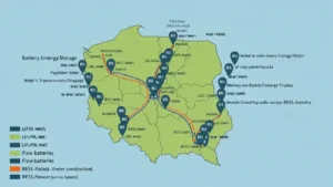 Mapa wielkoskalowych magazynów energii w Polsce z zaznaczonym rozmieszczeniem BESS i planami rozbudowy do 2030