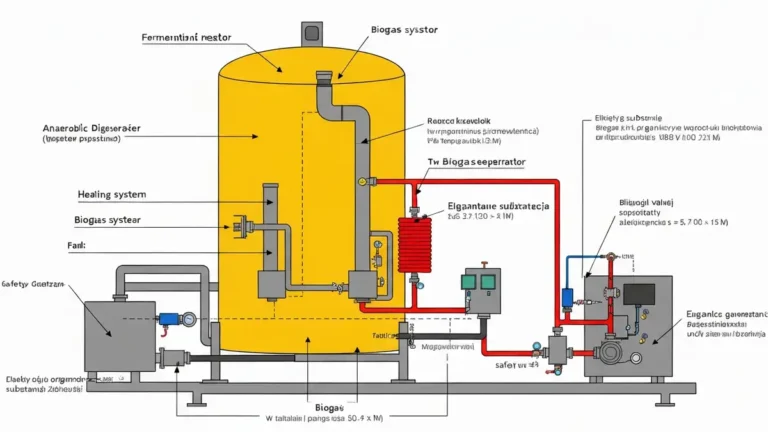 Schemat mikrobiogazowni rolniczej 50 kW z reaktorem, systemem grzewczym, agregatem prądotwórczym i rurociągami biogazu