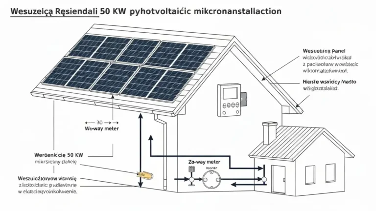Schemat mikroinstalacji fotowoltaicznej do 50 kW z licznikiem dwukierunkowym, inwerterem i panelami słonecznymi na dachu domu jednorodzinnego