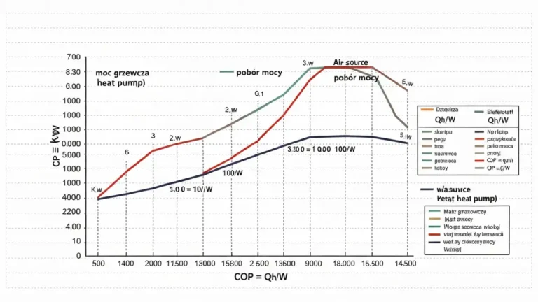 Diagram porównawczy mocy grzewczej i poboru prądu pompy ciepła z przykładowymi wartościami w kW