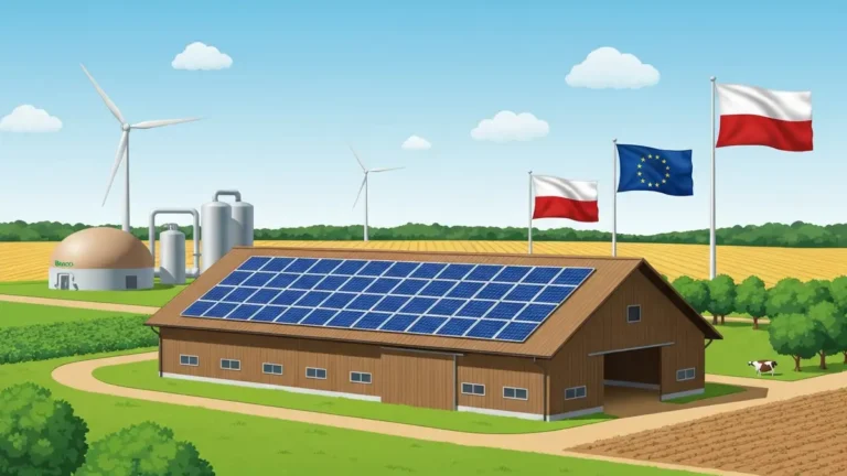 Ilustracja: modernizacja gospodarstwa rolnego z panelami fotowoltaicznymi i biogazownią na tle polskich pól
