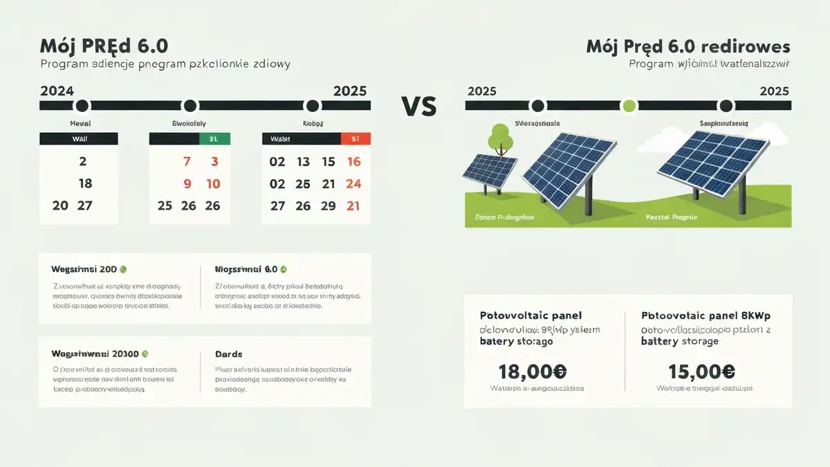 Grafika porównawcza: logo Mój Prąd 6.0, kalendarz naboru 2024-2025, ikony wynagrodzeń (pieniądze), panele słoneczne i magazyn energii