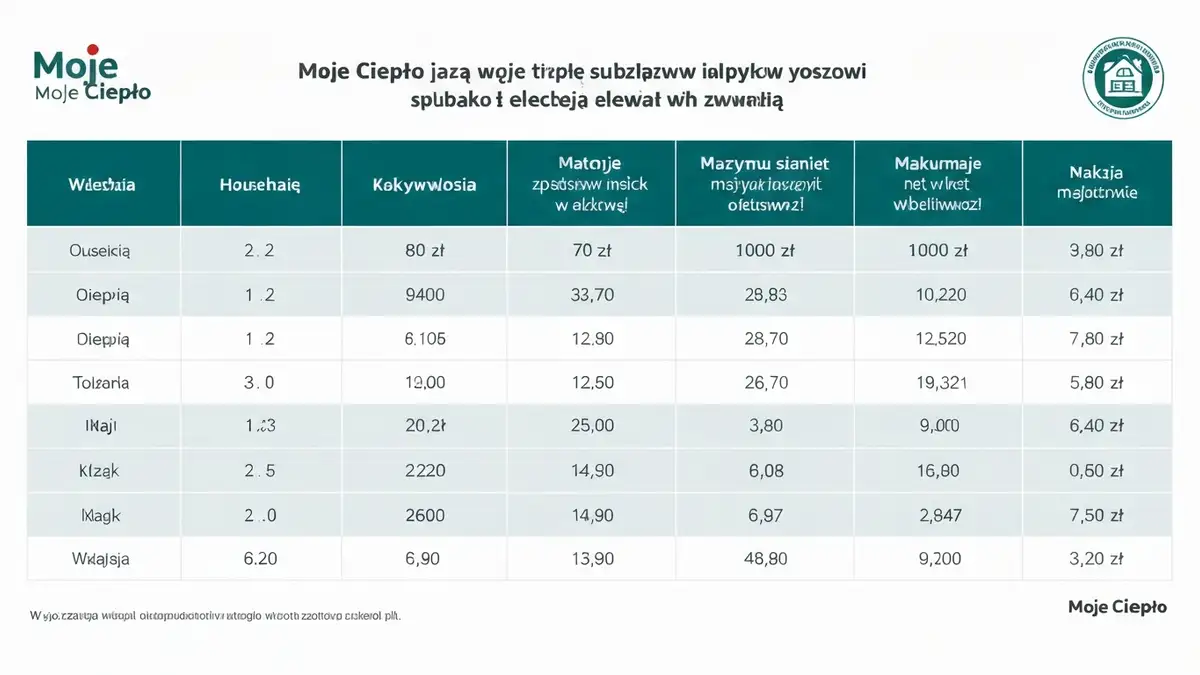Tabela progów dochodowych Moje Ciepło z kolumnami dla liczby osób w gospodarstwie i maksymalnych dochodów rocznych netto