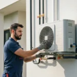 Montaz pompy ciepla powietrze-woda przy domu jednorodzinnym - instalator laczy przewody hydrauliczne jednostki zewnetrznej
