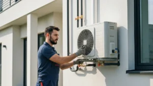 Montaz pompy ciepla powietrze-woda przy domu jednorodzinnym - instalator laczy przewody hydrauliczne jednostki zewnetrznej