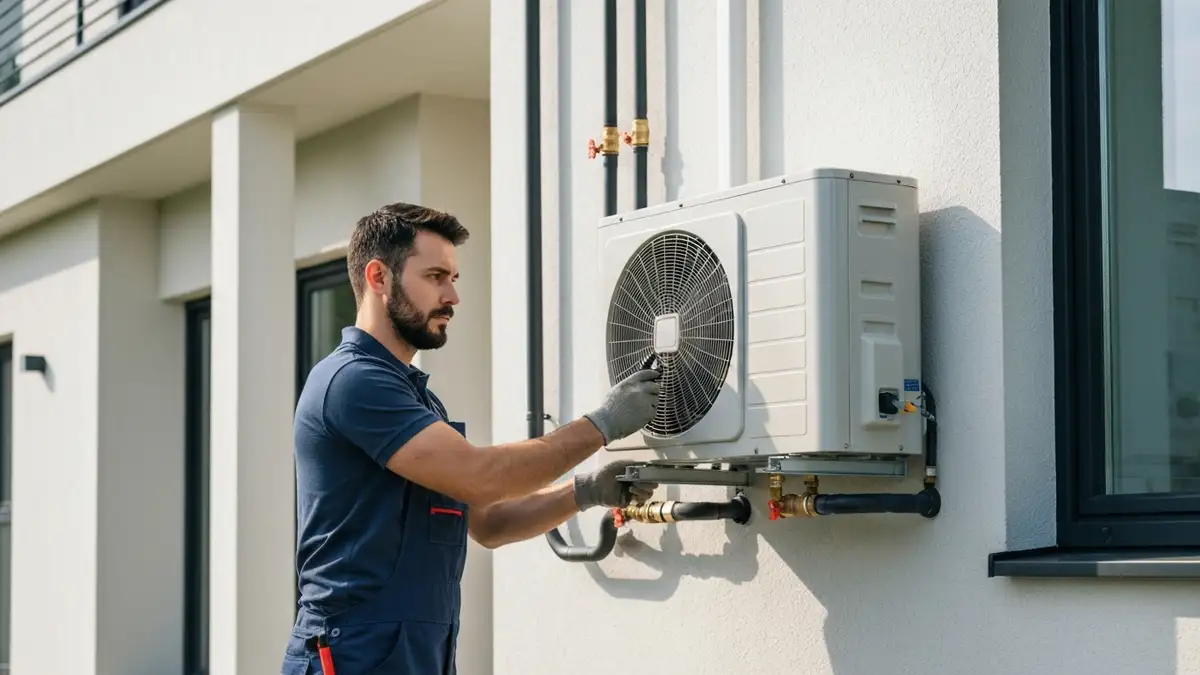 Montaz pompy ciepla powietrze-woda przy domu jednorodzinnym - instalator laczy przewody hydrauliczne jednostki zewnetrznej