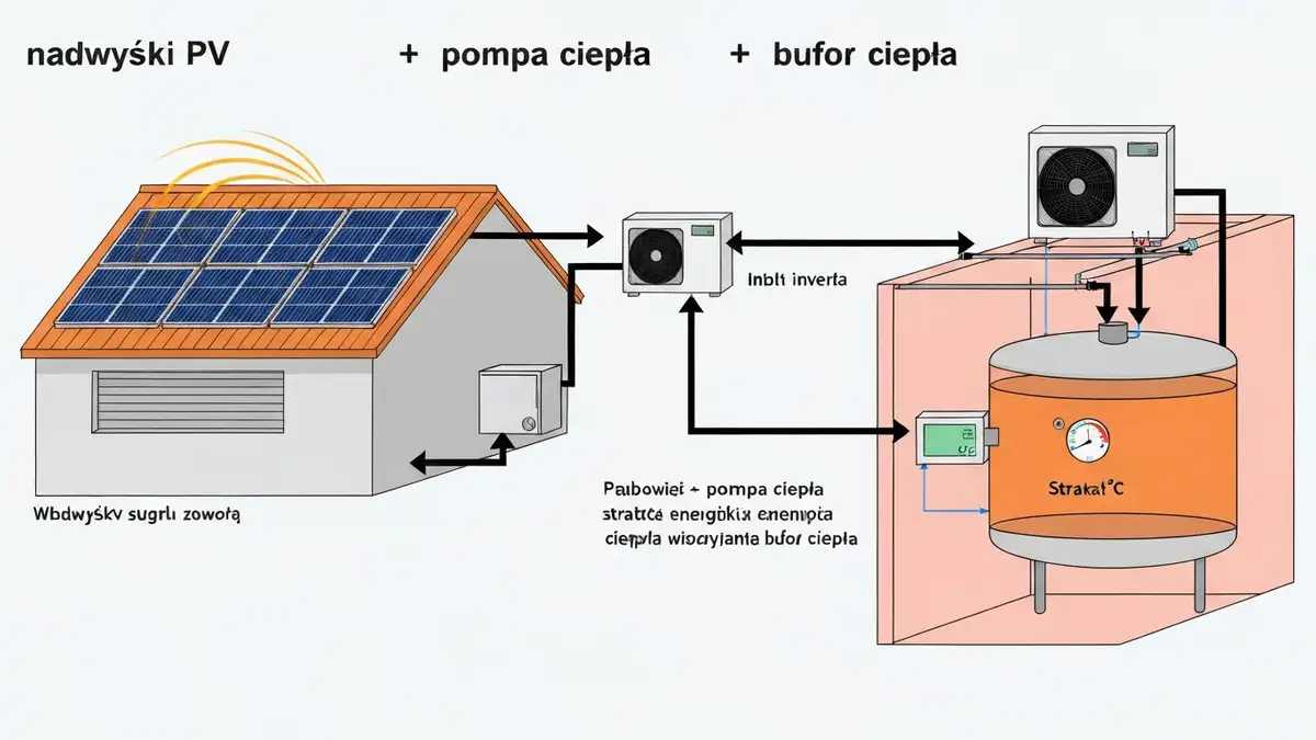 Schemat systemu hybrydowego: panele fotowoltaiczne przekazują nadwyżki energii do pompy ciepła, która pompuje ciepło do bufora ciepła, zamiast eksportować do sieci