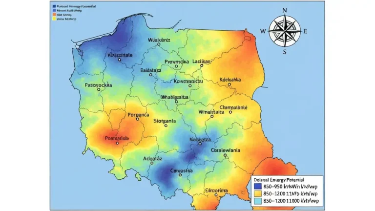 Mapa Polski z kolorową gradacją nasłonecznienia – od żółtej (wyższe wartości na południu) do białej (niższe na północy) z opisem kWh/kWp