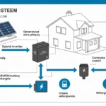 Diagram systemu net-billingu z magazynem energii: panele słoneczne, inwerter, magazyn baterii, licznik bidirektowy i sieć elektryczna