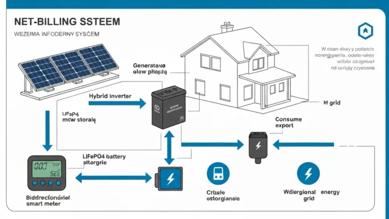 Diagram systemu net-billingu z magazynem energii: panele słoneczne, inwerter, magazyn baterii, licznik bidirektowy i sieć elektryczna