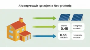 Schemat systemu net-billingu: panele fotowoltaiczne generujące energię, licznik dwukierunkowy, dom oraz sieć dystrybucyjna