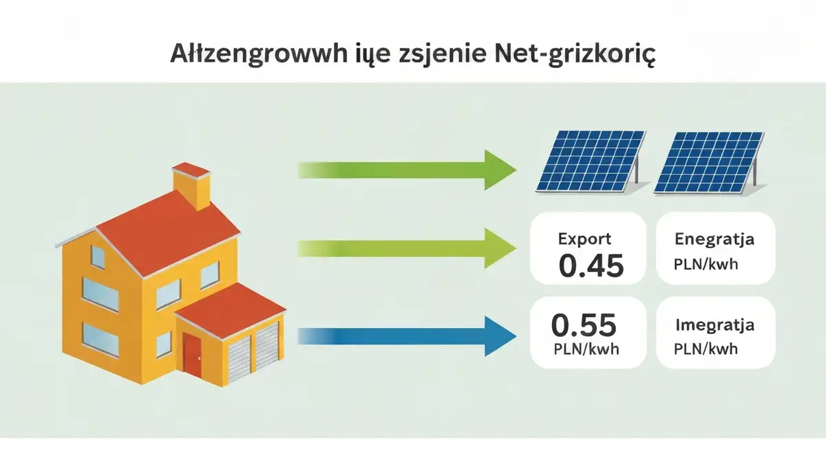 Schemat systemu net-billingu: panele fotowoltaiczne generujące energię, licznik dwukierunkowy, dom oraz sieć dystrybucyjna