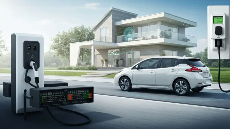 Nissan Leaf podłączony do stacji V2G, energia płynie w obie strony, dom w tle zasilany z pojazdu