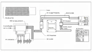 Schemat elementów instalacji fotowoltaiki z normami PN-EN i IEC – panele, inwerter, zabezpieczenia, uziemienie