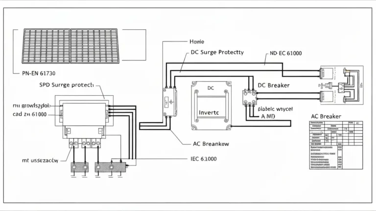 Schemat elementów instalacji fotowoltaiki z normami PN-EN i IEC – panele, inwerter, zabezpieczenia, uziemienie