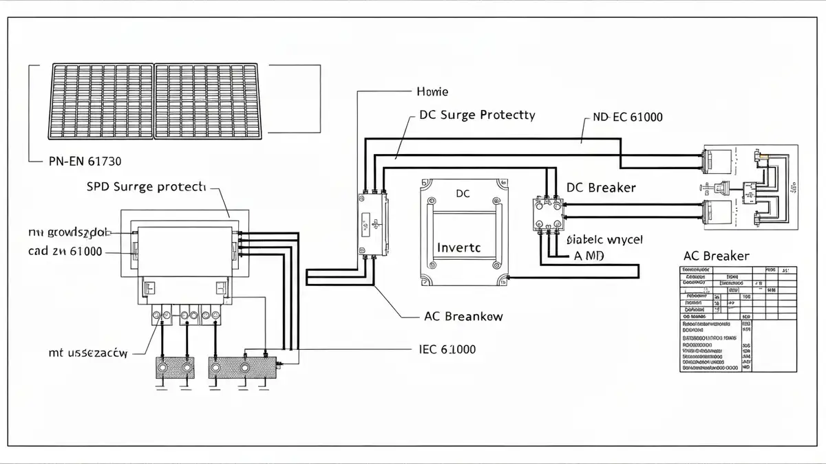 Schemat elementów instalacji fotowoltaiki z normami PN-EN i IEC – panele, inwerter, zabezpieczenia, uziemienie