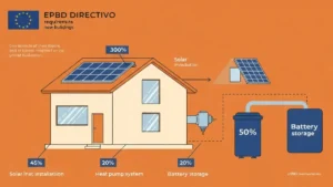 Schemat wymagań dyrektywy EPBD dla nowych budynków – panele fotowoltaiczne na dachu budynku mieszkalnego, pompa ciepła, magazyn energii