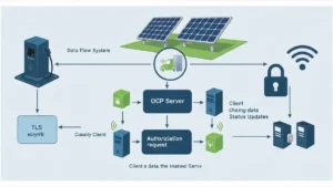 Diagram architektury OCPP: ładowarka EV (client) łącząca się z systemem zarządzania (server) w inteligentnym domu z panelami fotowoltaicznymi i magazynem energii