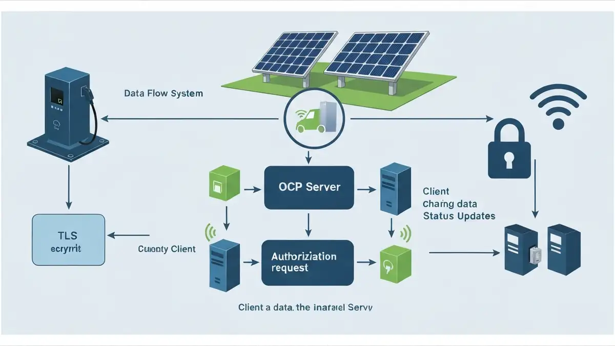 Diagram architektury OCPP: ładowarka EV (client) łącząca się z systemem zarządzania (server) w inteligentnym domu z panelami fotowoltaicznymi i magazynem energii