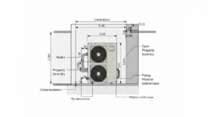 Diagram pokazujący prawidłową instalację jednostki zewnętrznej pompy ciepła z wymaganymi odległościami od granicy działki, ścian budynku i zbiornika wody