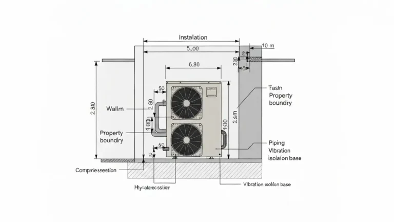 Diagram pokazujący prawidłową instalację jednostki zewnętrznej pompy ciepła z wymaganymi odległościami od granicy działki, ścian budynku i zbiornika wody