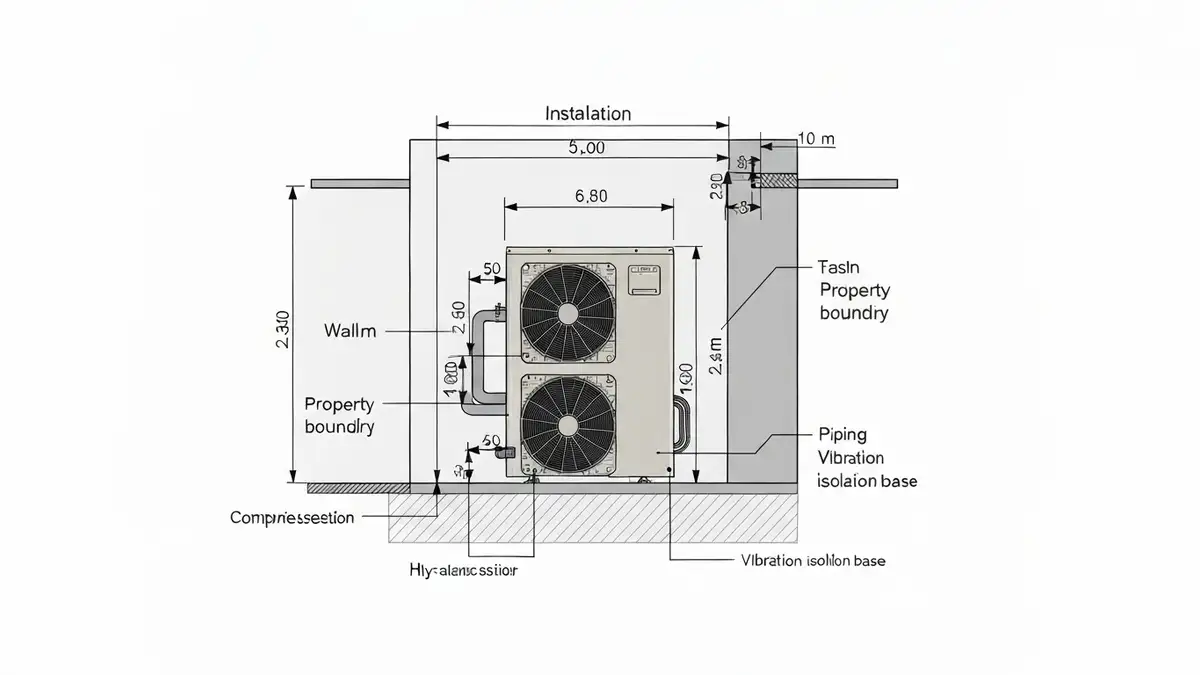 Diagram pokazujący prawidłową instalację jednostki zewnętrznej pompy ciepła z wymaganymi odległościami od granicy działki, ścian budynku i zbiornika wody