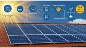 Schemat optymalizacji wydajności instalacji fotowoltaiki: panele słoneczne, inwerter, monitoring, bateria, urządzenia odbiornika energii