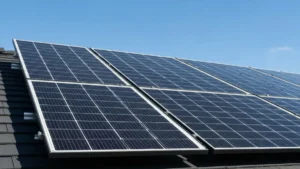 Panele fotowoltaiczne Bruk-Bet Solar ułożone na dachu domu jednorodzinnego z widocznym krajobrazem tła