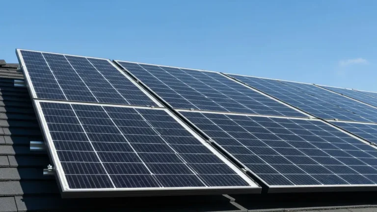 Panele fotowoltaiczne Bruk-Bet Solar ułożone na dachu domu jednorodzinnego z widocznym krajobrazem tła