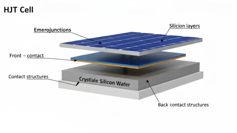 Przezroczysty diagram budowy ogniwa HJT – warstwa krystaliczna między warstwami amorficznymi krzemu