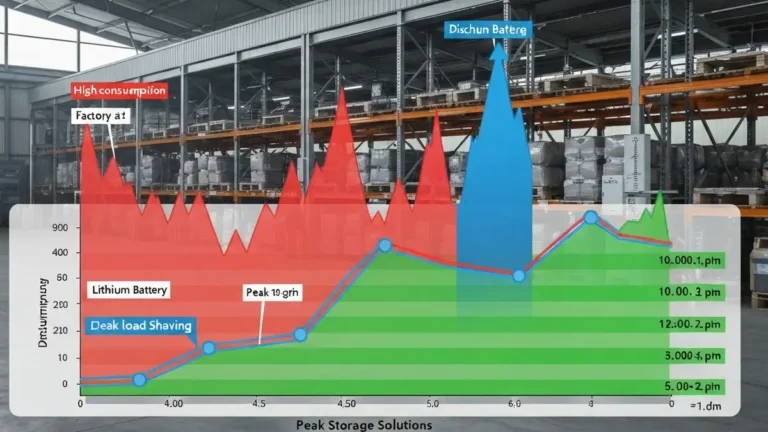 Wizualizacja peak shavingu: wykres poboru mocy z szczytem zaznaczonym na czerwono, magazyn energii rozładowujący się w momencie szczytu, obniżenie poboru z sieci